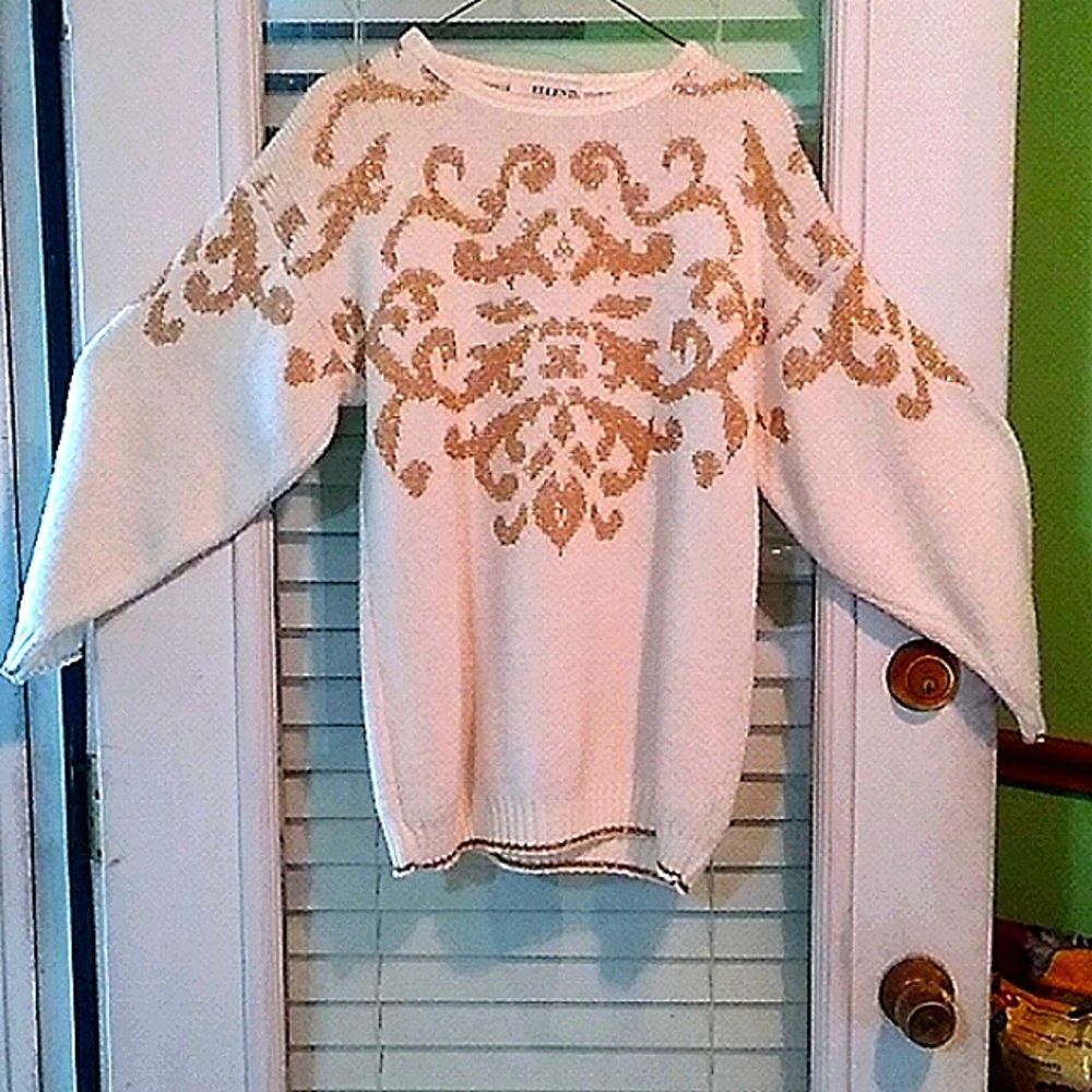 ELLEN D long sleeved cream/ gold sparkly thread long sleeve sweater custom size